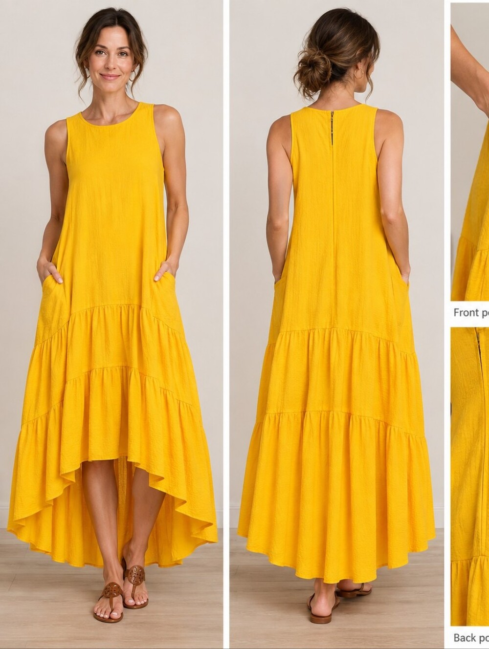 Maeve by Anthropologie Marigold Yellow Tiered Hi-Low Maxi Dress with Pockets, M